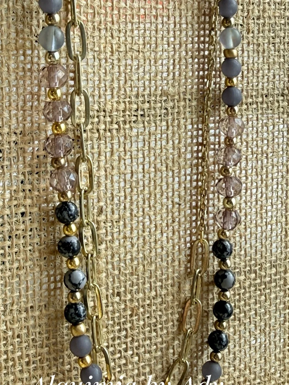 Snowflake obsidian Multi-Strand Necklace with Purple Glass Focal and Gold Chain